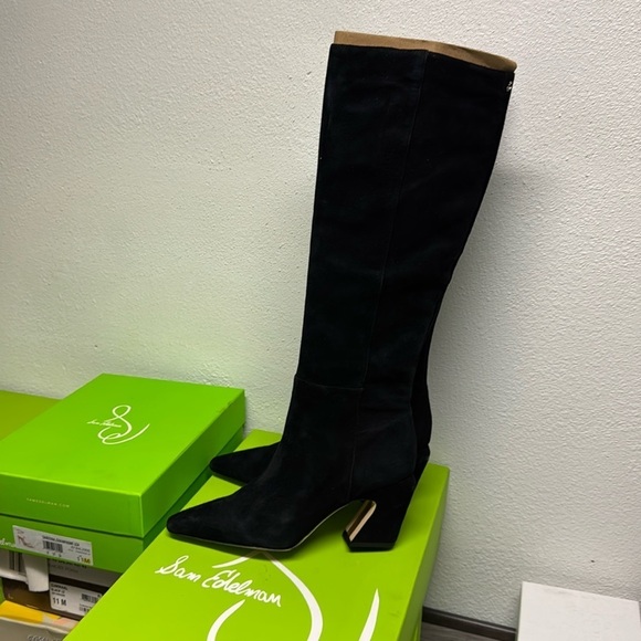 SAM EDELMAN Sulema Knee High Suede Heel Boot Black Leather Zipper Closure - Picture 6 of 7